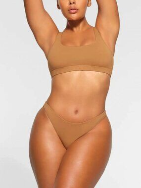 NWT SKIMS Almond Brown Recycled Swim Mid Coverage Bikini Bottoms, Size S